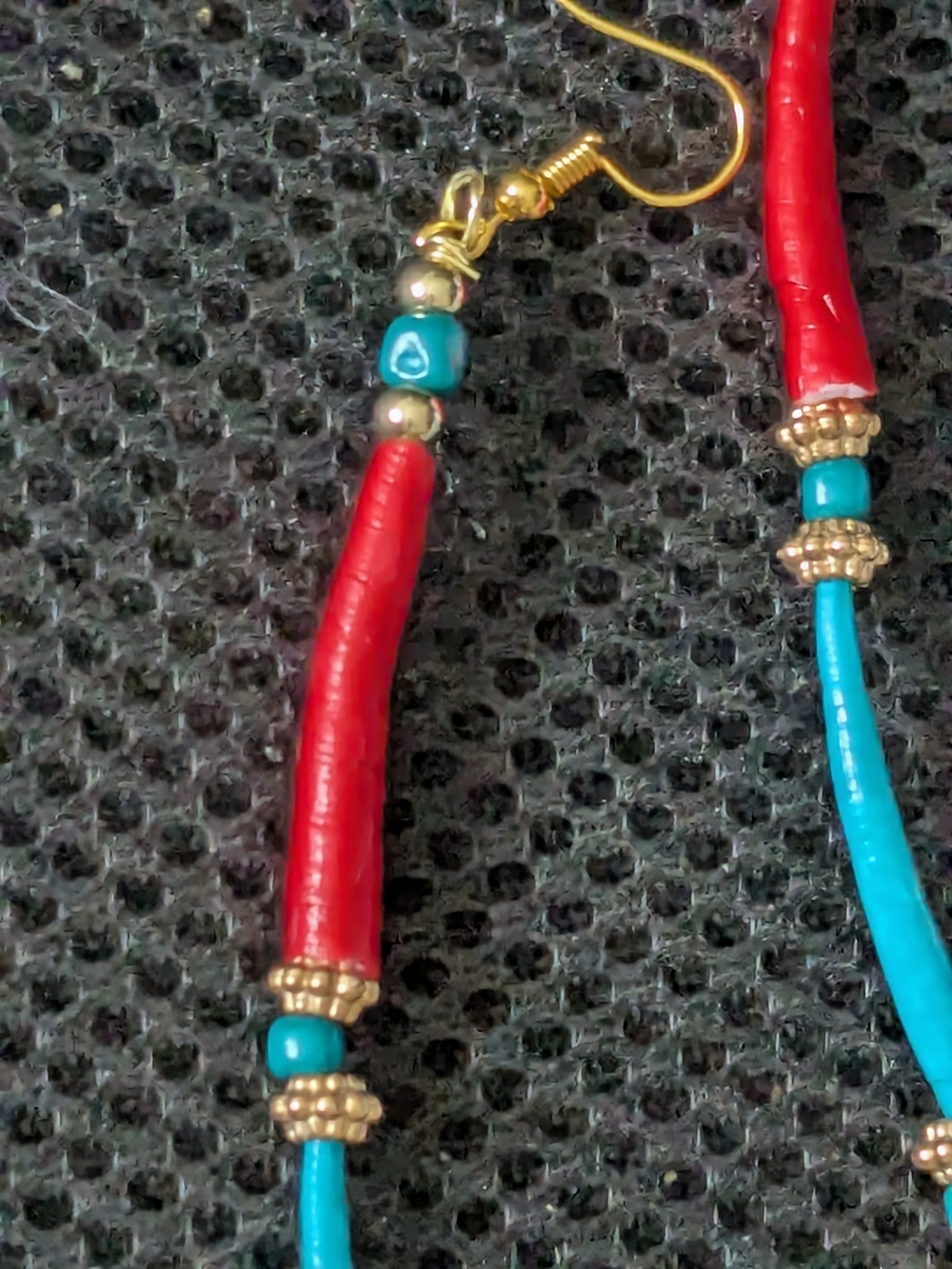 Indigenous Red & Turquoise Dentalium Shell Tribal Fish Drop Dangle Earrings - Picture 2 of 4